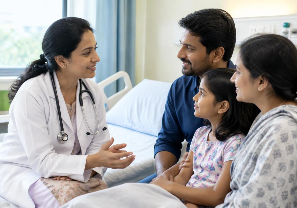 A doctor speaking warmly with a patient's family