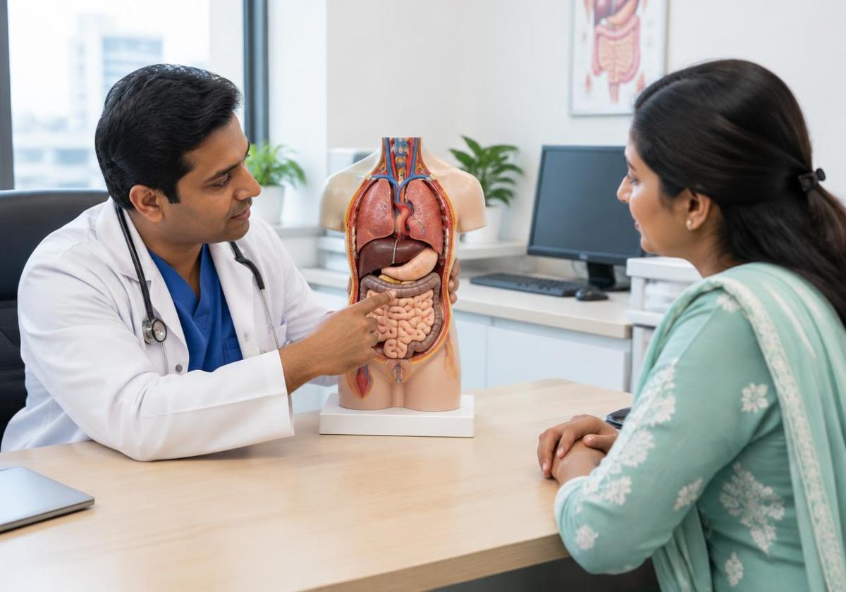 Surgeon consulting a patient about gallstones and hernia