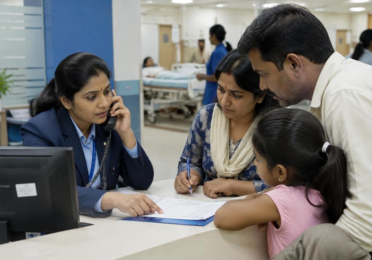 Insurance help desk staff assisting a family